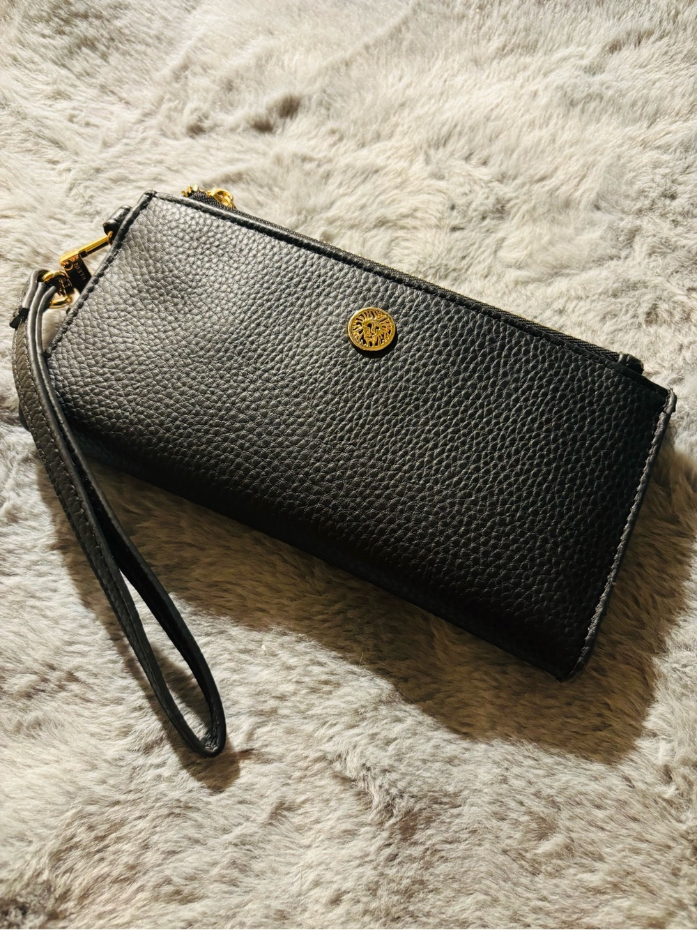 Anne Klein Black Pebbled Leather Wristlet with Gold Logo